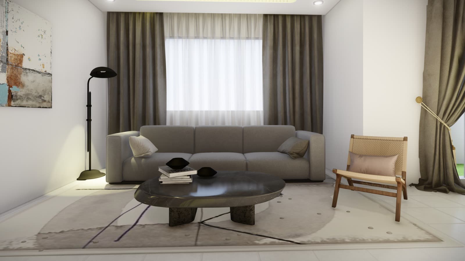 Living room interior with woven armchair and marble coffee table