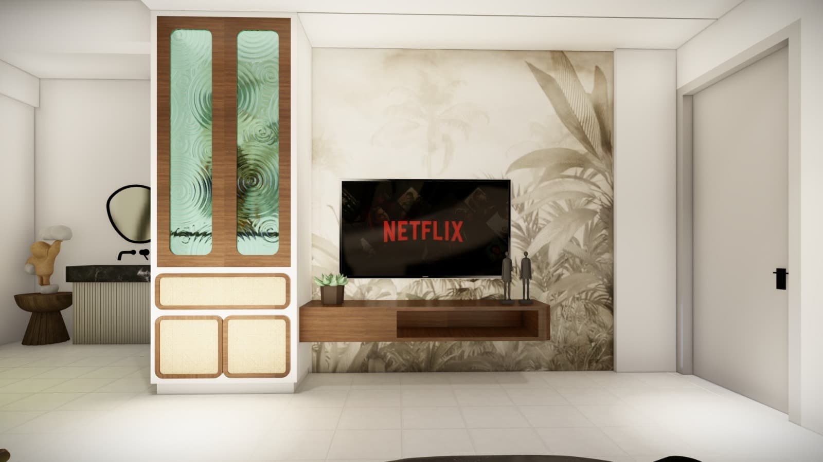 TV feature wall with fluted glass joinery